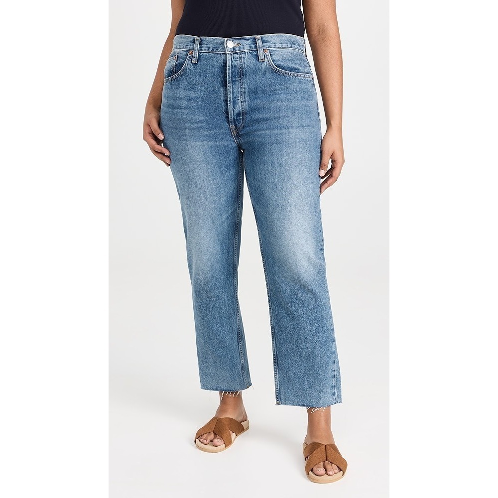 Re/Done 70s Stove Pipe Jeans Women's 30 Blue High Rise Crop Straight Leg Raw Hem